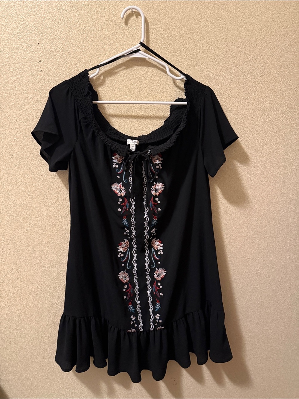 love, Fire Black Mini Dress with Floral Embroidery